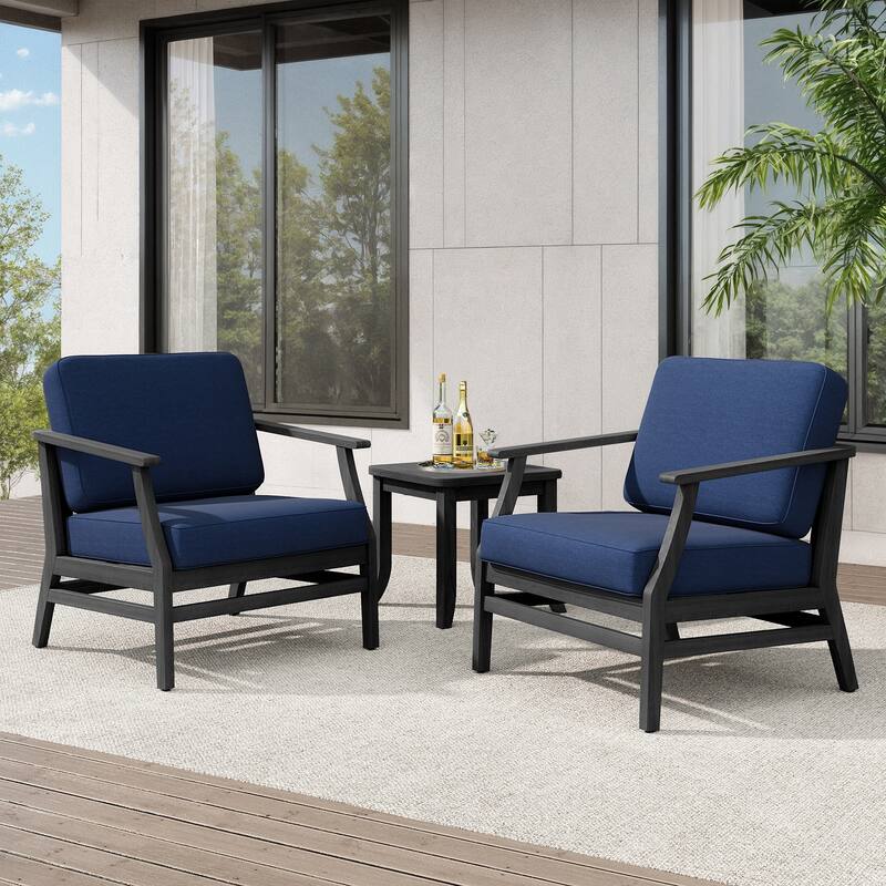 Teak Outdoor Bistro Set with Weather-Resistant Cushions (3-Piece Set) - Black/Navyue