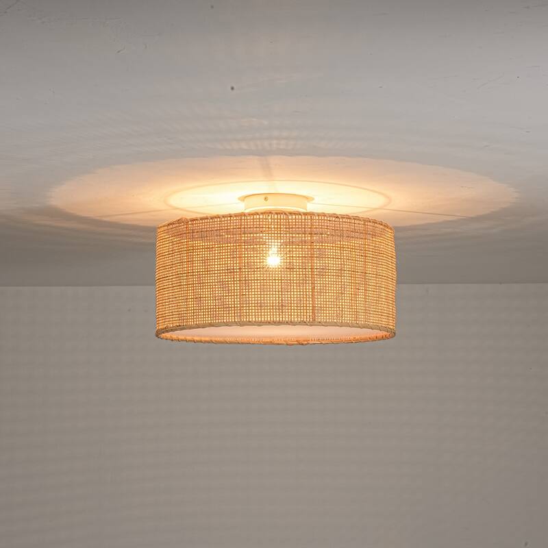 17.7" Boho Coastal Hand-Woven Natural Rattan with Matte White Hardware Semi-Flush Mount Ceiling light for Hallways