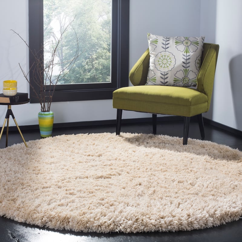 SAFAVIEH Polar Shag Alabama Glam Solid 3-inch Extra Thick - 4' x 4' Round - Light Beige - Runner/Round