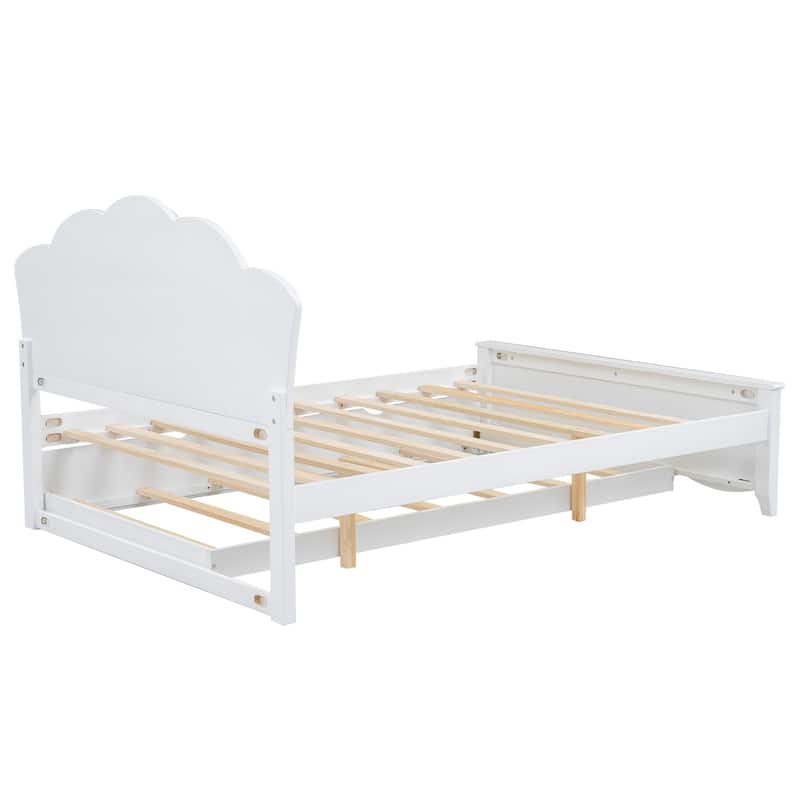 Solid Wooden Bed Frame, Full Size Platform Bed with Headboard and Pull-out Trundle Bed for Bedroom, Apartment, Natural
