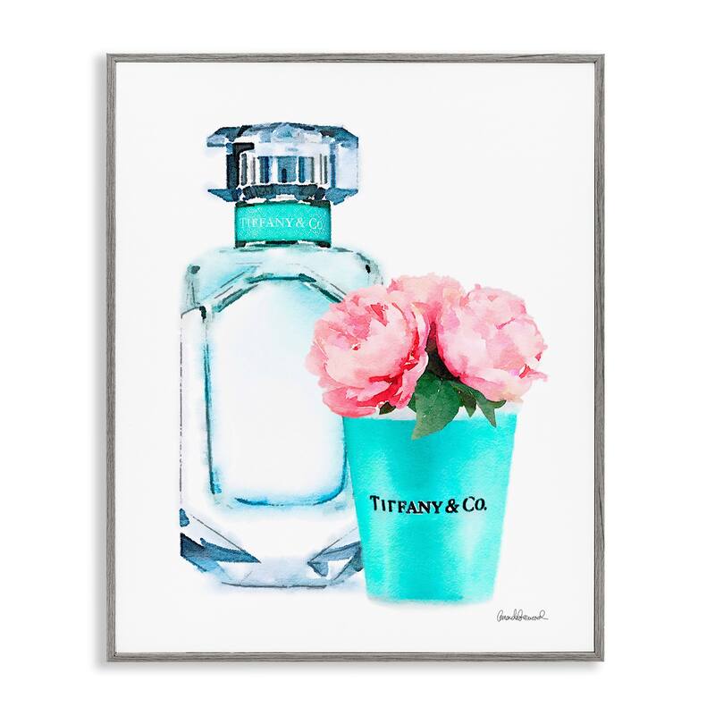 Stupell Teal Blue Perfume Bottle and Pink Peonies Grey Framed, 11 x 14, Proudly Made in USA - 11 x 14 - 11 x 14 - Wood - Grey