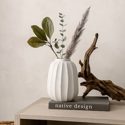 Decorative Vase, Round Textured Body, 23 Inch White Resin