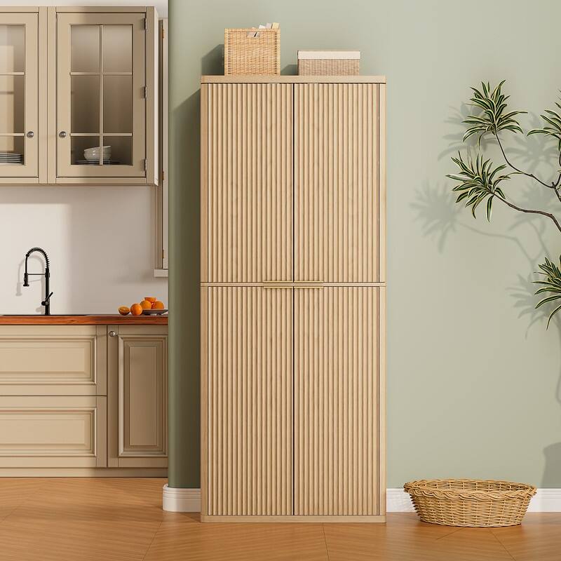 Modern 72"H Fluted Wood Kitchen Pantry Cabinet with 6 Shelves for Versatile Storage Solutions - Oak