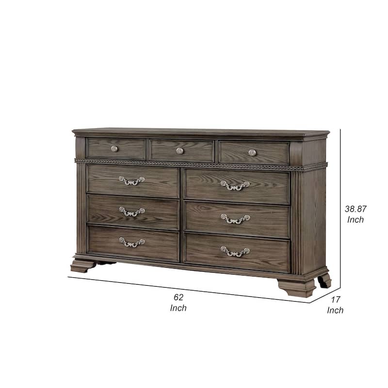 Akia 62 Inch 9 Drawer Wide Dresser Chest, Round Metal Knobs, Smooth Gray