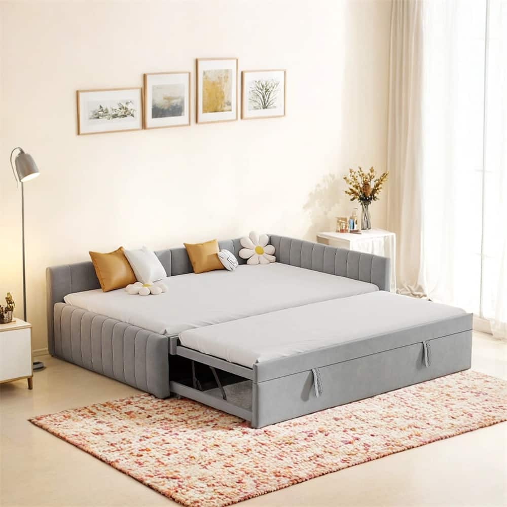 Full Size Upholstered L-Shaped Upholstered Daybed with Pop Up Trundle