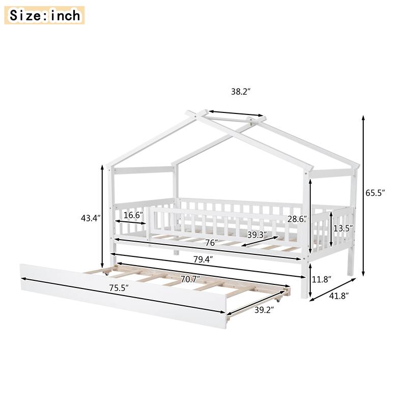 Pine House Bed with Trundle, Guardrail & Roof