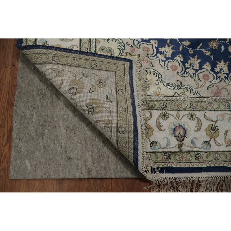 Hand Knotted Oriental Silk Carpet Traditional Floral Navy Blue & Blues Kashmar Area Rug - 7' 10'' X 5' 0''