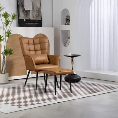 High Backrest PU Leather Accent Chair With A Ottoman,Upholstered Armchair Featuring Tufted-Button Design and Solid Metal Legs