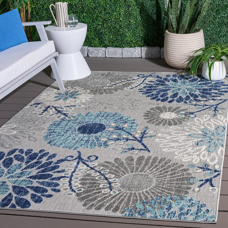 SAFAVIEH Cabana Hillechien Indoor/ Outdoor Waterproof Patio Floral Rug - 10' x 14' - Grey/Blue