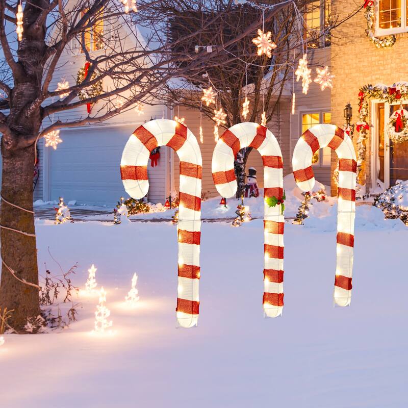 Gymax Lighted Candy Canes Set of 3 Christmas Tinsel Candy Cane - Multi-colors - See Details