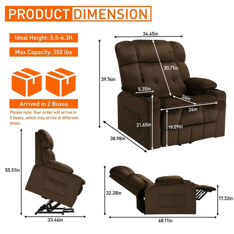 35" Wide Quiet Lift Velvet Recliner w/Massage and Heat