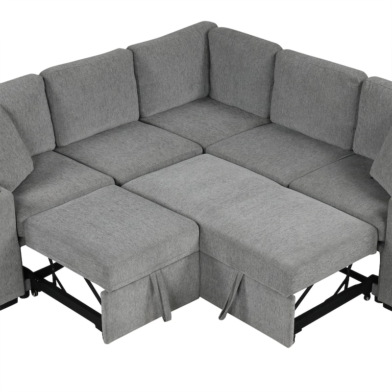 109.1" Chenille Modular Sectional Sofa Bed with Storage Ottoman and USB Ports - L/U-Shaped Convertible Design
