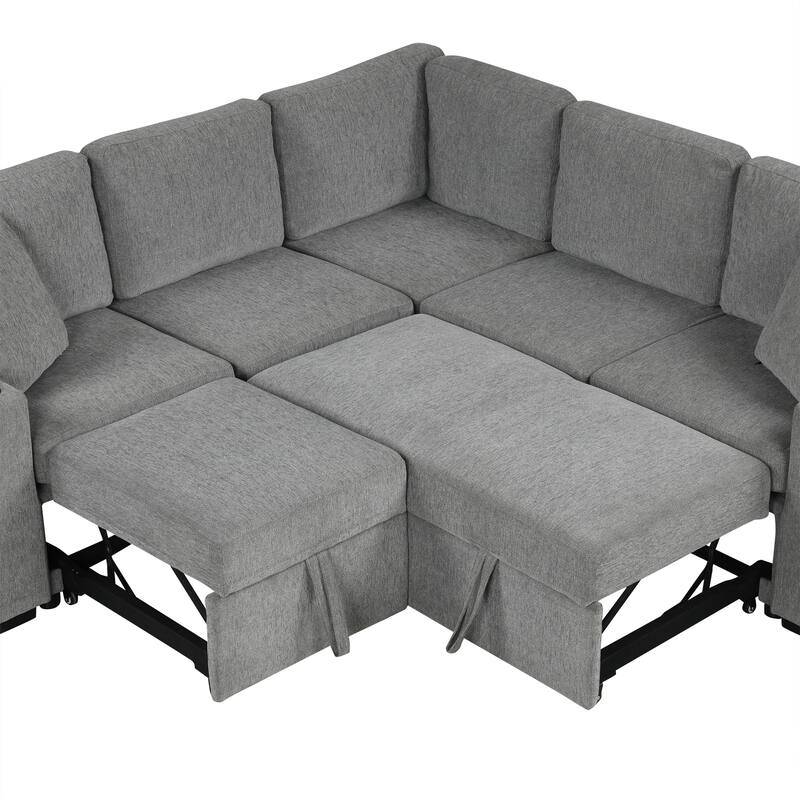 109.1" Gray Chenille Convertible Sofa Bed with Storage Ottoman, USB Ports & Cup Holders