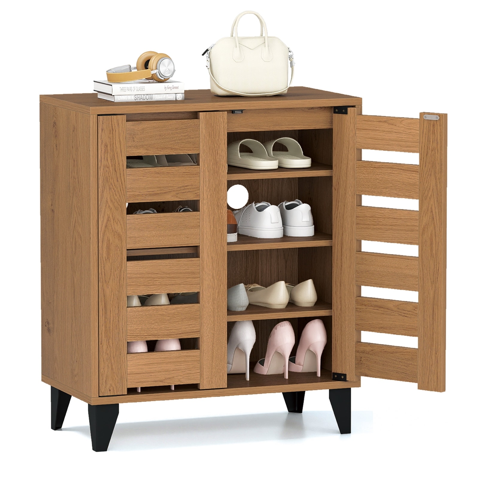 Gymax 2-Door Shoe Cabinet 4-Tier Farmhouse Shoe Organizer w/ Louvered