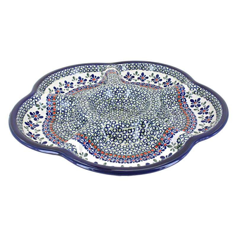 Blue Rose Polish Pottery 1956 Zaklady Chip &Dip Tray - Mosaic Flower