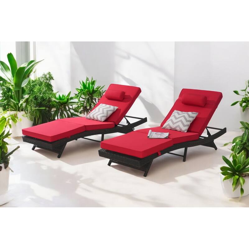 Adjustable Wicker Lounge Chair Set of 2 - Reclining Sunbathing Chairs with Cushions, All-Weather PE Rattan for Patio & Garden - Red