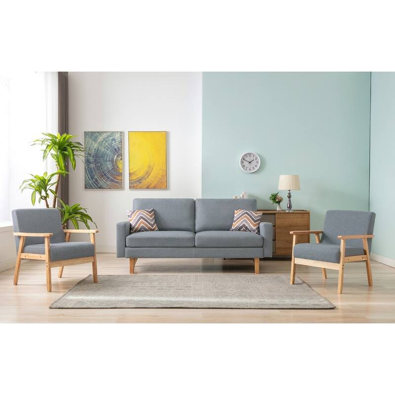 Linen Sofa and 2 Chairs with 2 Throw Pillows - Grey/Natural