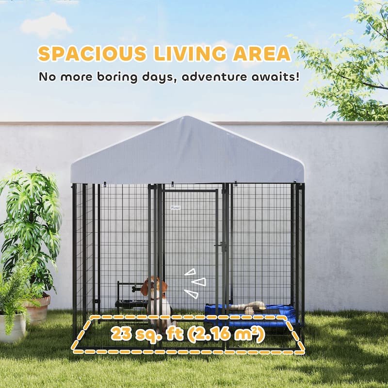 Silver-Black Steel Outdoor Dog Kennel with PE Cover and Secure Door - 70.8"W x 48"D x 72"H
