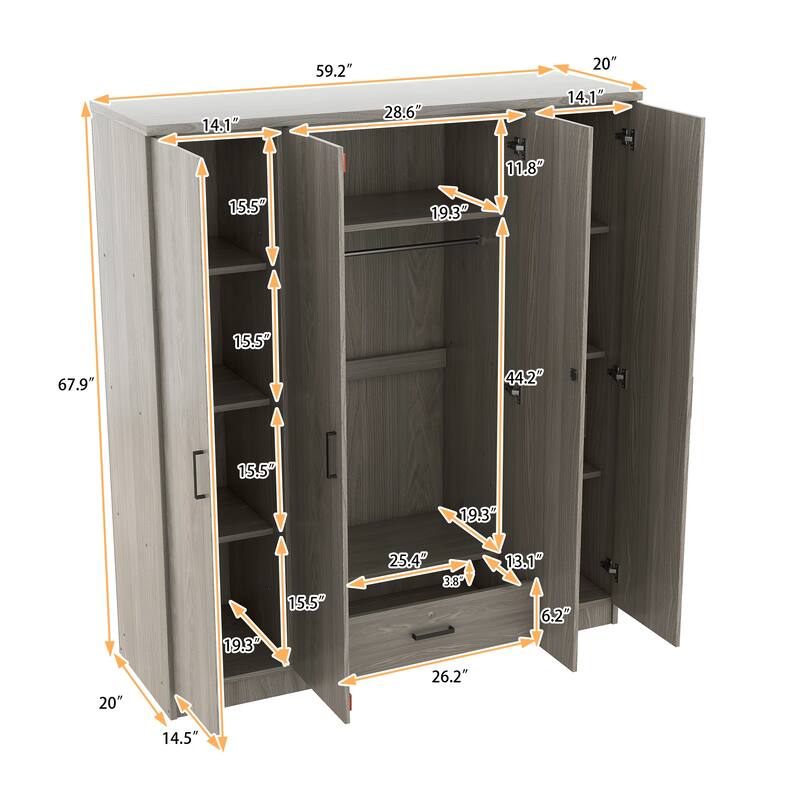 4 Door Wardrobe Closet with Drawer and Hanging Rail, Modern MDF Bedroom Armoire Storage Cabinet