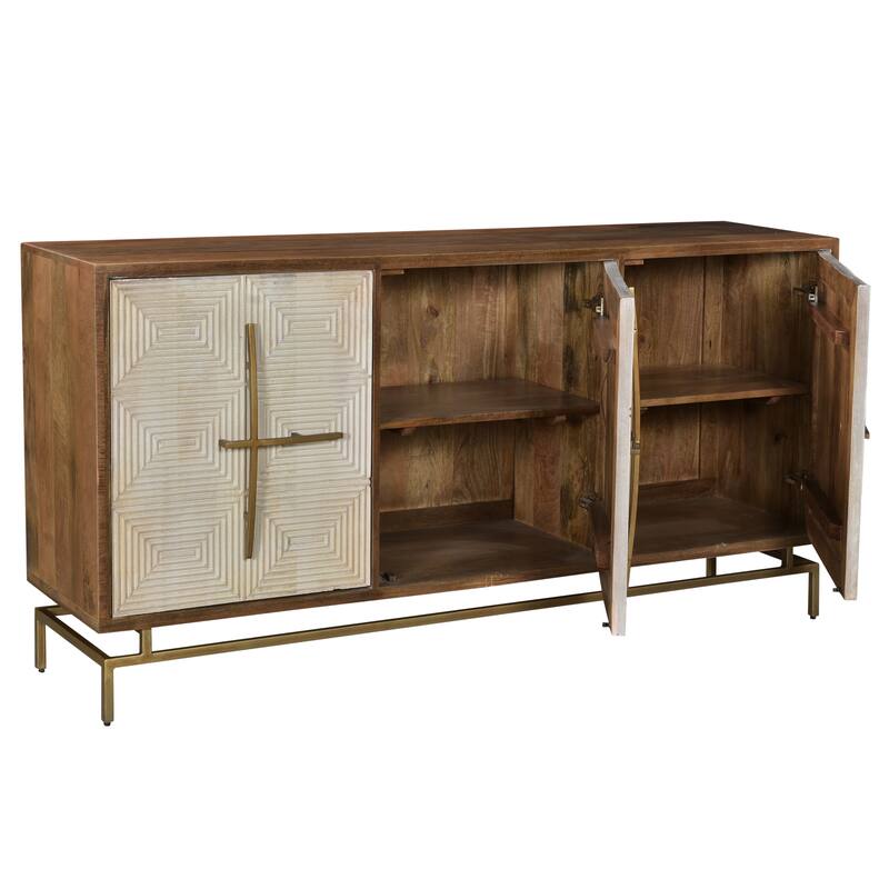 Allura White & Natural Mango Wood 3 Door Sideboard w Gold Hardware - 69"W x 16"D x 34"H