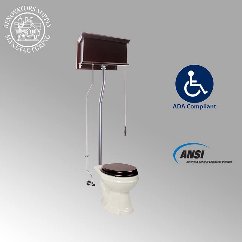 Mahogany Wooden High Tank Toilet Flat Tank, White Elongated Bowl and Brass Z Pipe