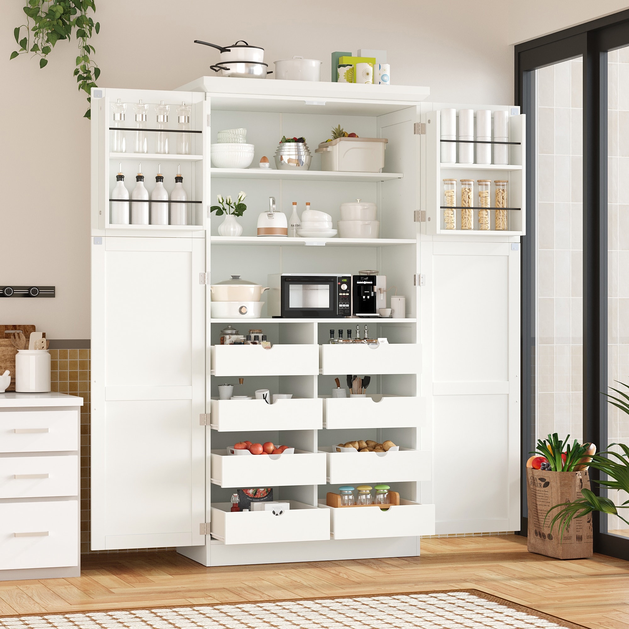 Freestanding Kitchen Pantry Cabinet, Tall Storage Cabinet with 4 Doors, 2 Door Shelves, 8 Pull-out Trays and Adjustable Shelf