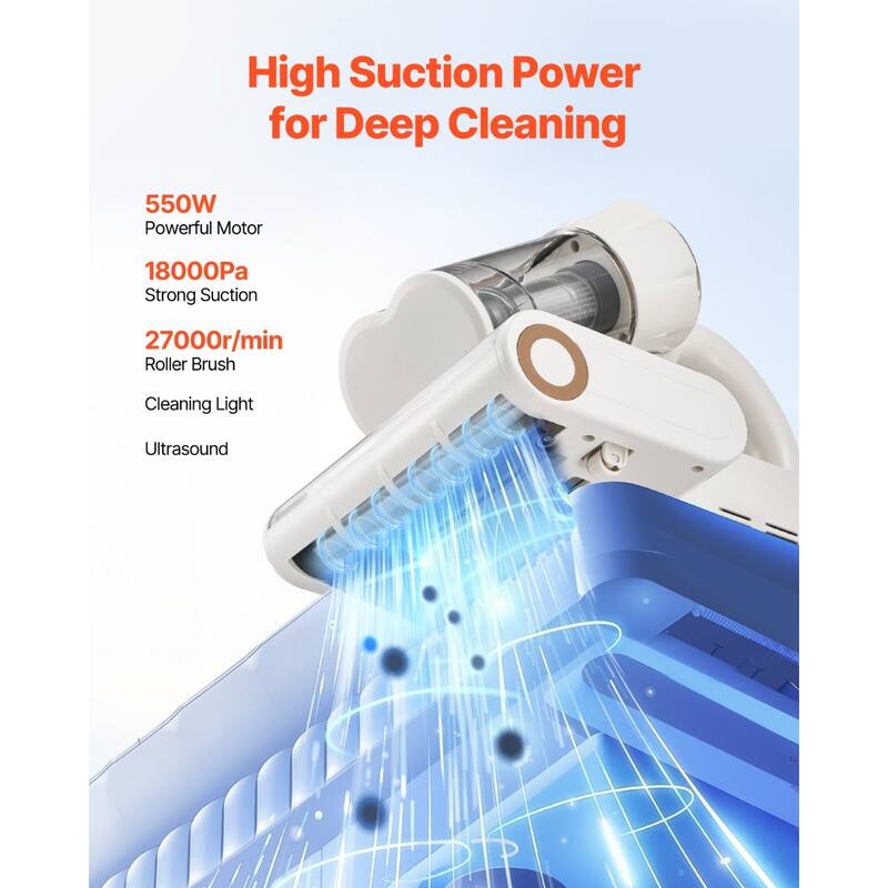 Mattress Vacuum Cleaner with 550W Motor, 18KPa Suction - 10.6 x 9.1 x 8.3 in