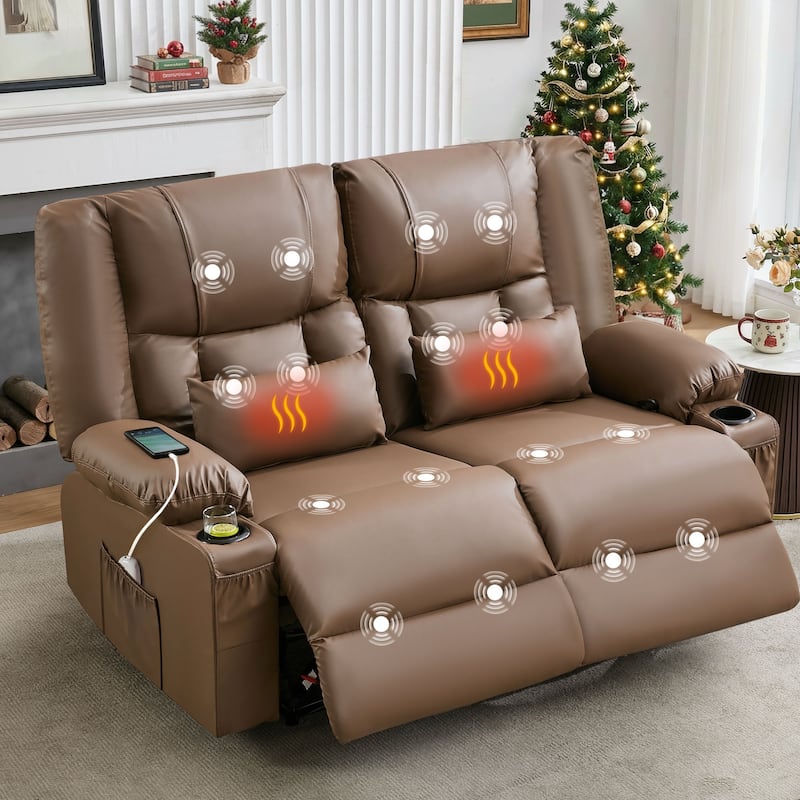 Manual Recliner Loveseat with Massage & Heating, Cup Holders & Side Pocket for Living Room - Brown