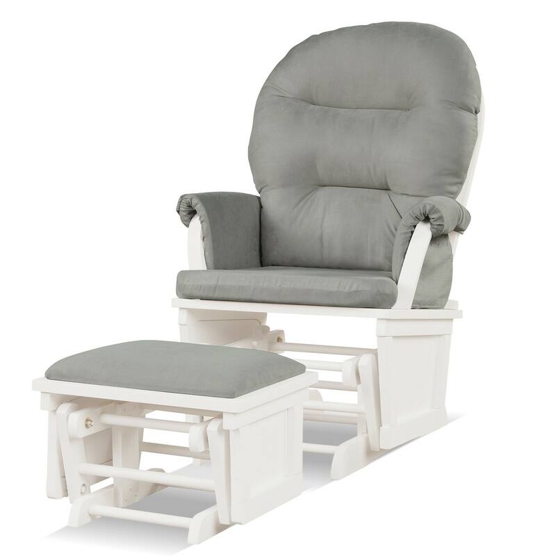 Wood Baby Glider and Ottoman Cushion Set with Padded Armrests for Nursing - 29.5" x 26" x 40" - Light Grey