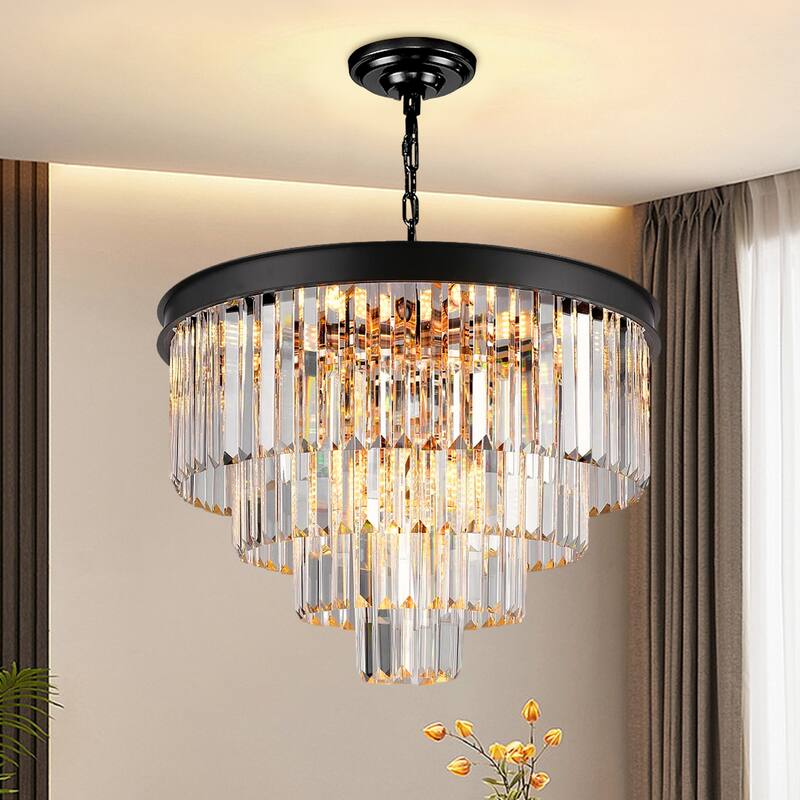 Modern Crystal Chandelier, Black Luxury Adjustable Pendant Light for Living Room(Bulbs Included)