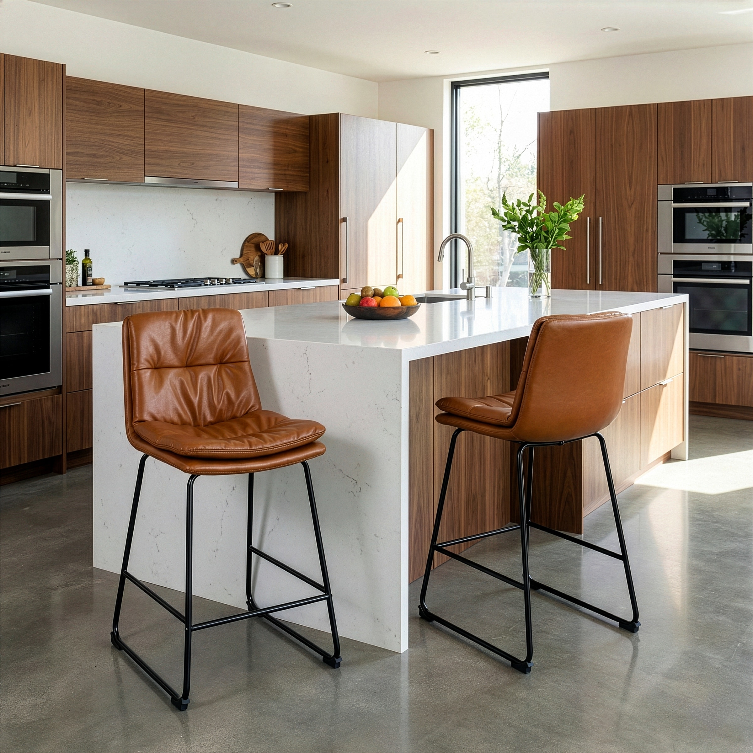 Bauer Brown Faux Leather Counter Stool with Black Iron Legs (Set of 2)