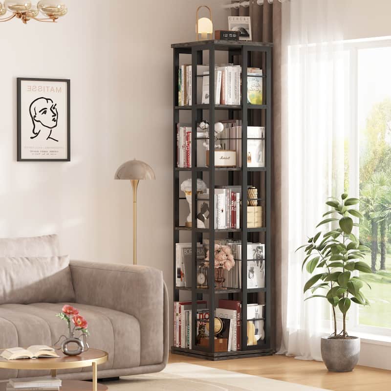 5-Tier Corner Rotating Bookshelf, 360 Display Wood Spinning Bookshelf, Floor Standing Bookcase Organizer Storage Rack - Grey Oak
