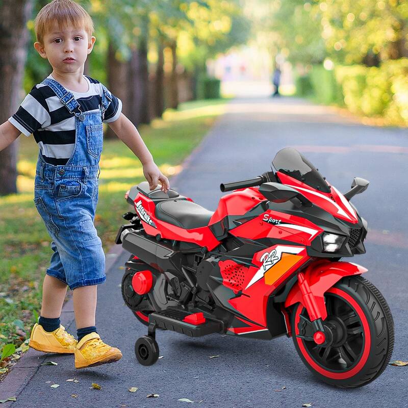 12V Kids Ride on Motorcycle, 2 Wheels Motorbike for Kids with Training Wheels,Lights,Music Red