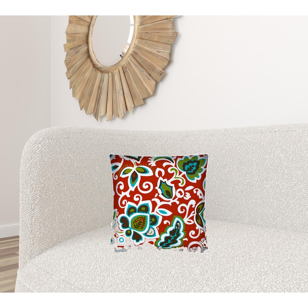 17" X 17" Red And Aqua Zippered Polyester Floral Throw Pillow Cover - 17" X 17"