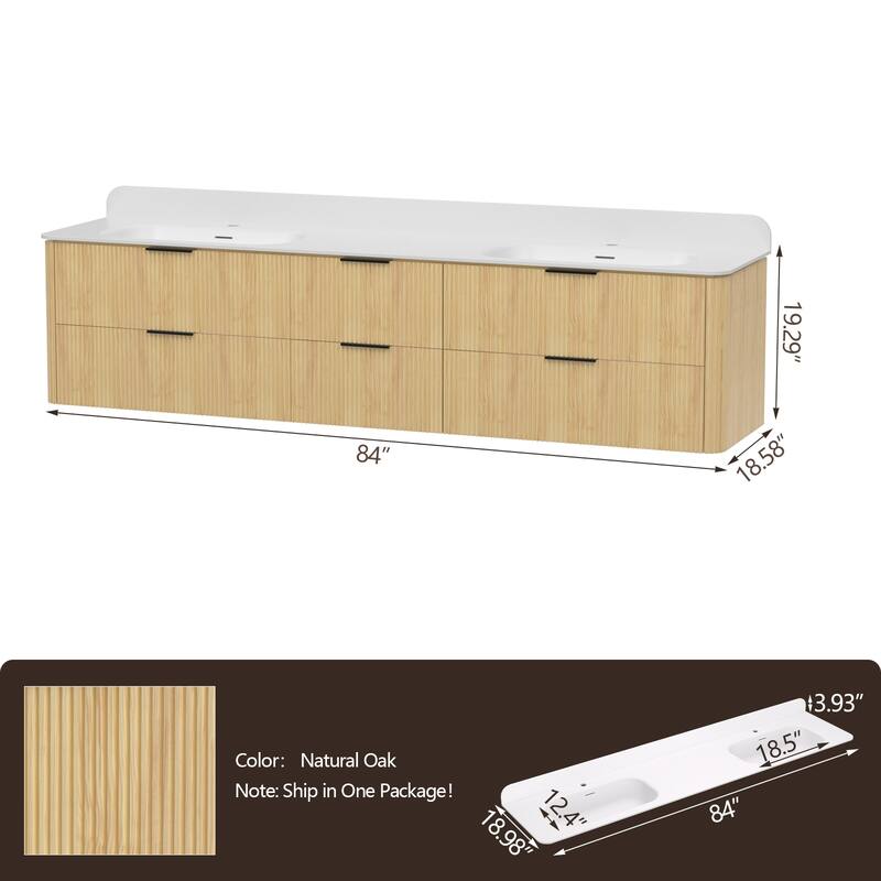 84" Floating Bathroom Vanity with Integrated countertop Rectangular Sink Solid Wood