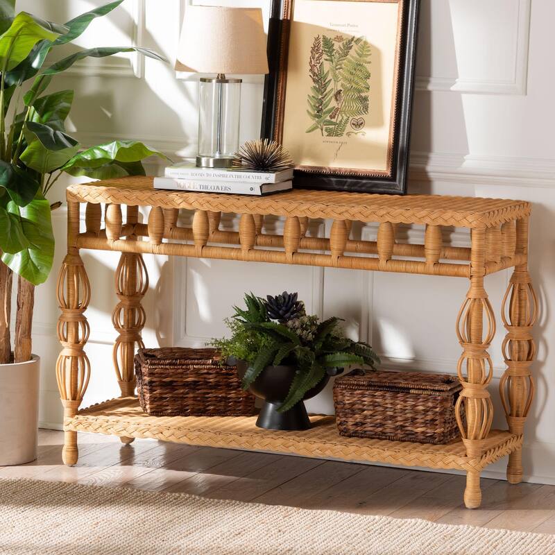 Dolby Natural Rattan Console Table - Handwoven Wicker Accent Table with Openwork Design and Lower Shelf, Coastal Boho Style