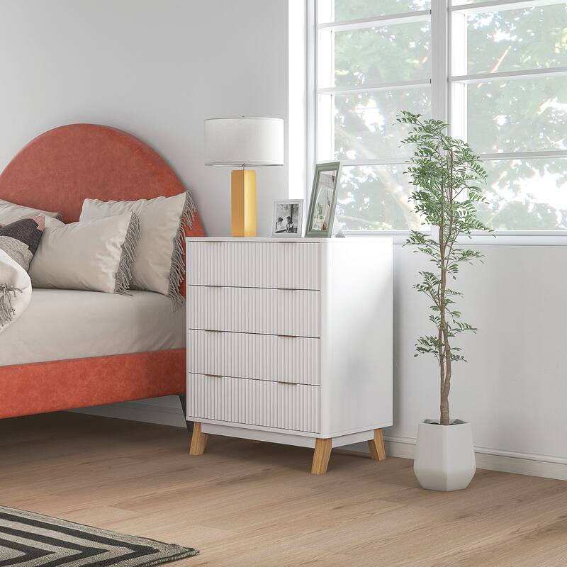 HOMCOM Fluted Dresser for Bedroom with 4 Drawers, 28" Wide Chest of Drawers with Gold Finger Pulls and 4 Wood Legs, Natural Wood