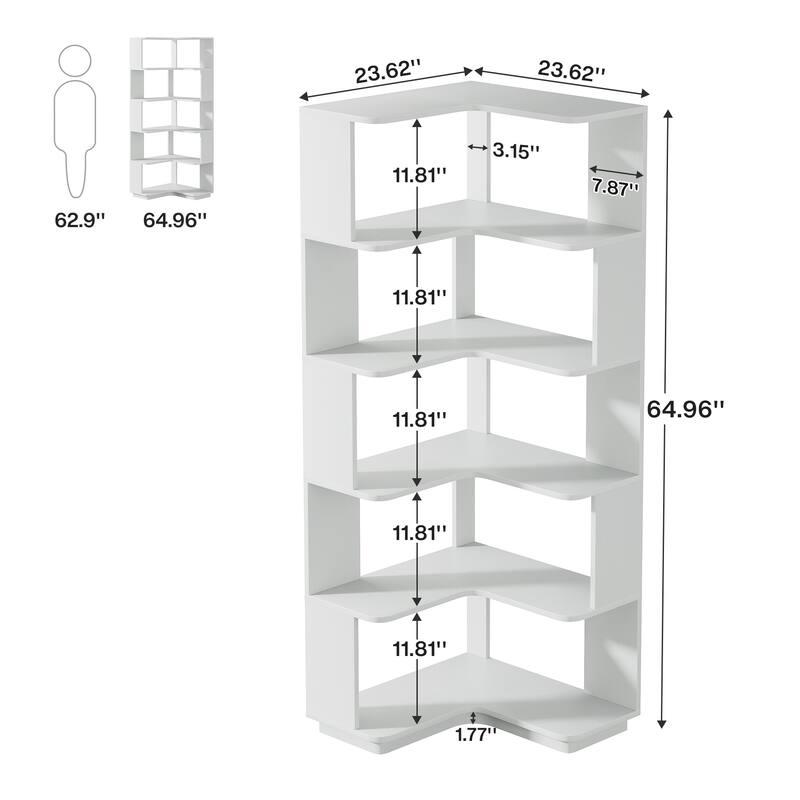 6-Tier Corner Bookshelf, Modern Bookcases for Home Office, Living Room - 23.62" D x 23.62" W × 64.96" H