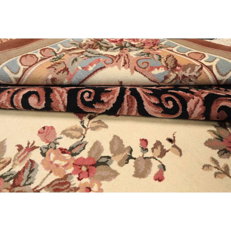 8'11''x11'11'' Hand Knotted Wool Ivory Aubusson Savonnerrie Floral Botanical Rug - 8' 11'' x 11' 11''