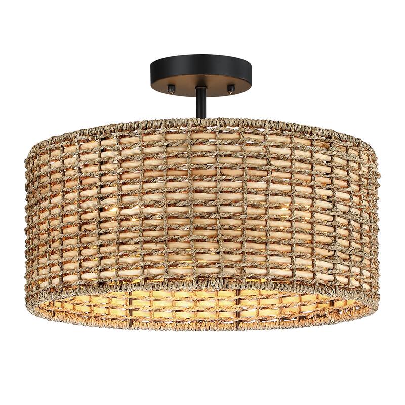 Lennie 3-Light Rattan Drum Semi-Flush Mount Ceiling Light - 16'' W