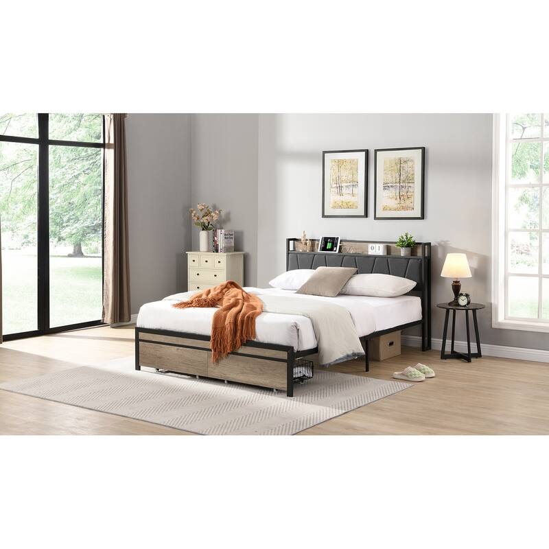 Queen Size Metal Platform Bed Frame with Upholstery Storage, USB, No Box Spring Needed