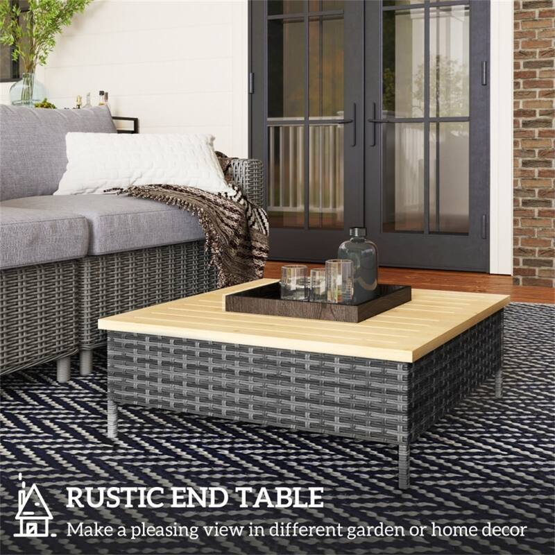 Grey Nature Wood Fir and Steel Rustic Patio End Table with PE Rattan - 27.6" L x 27.6" W x 9.8" H