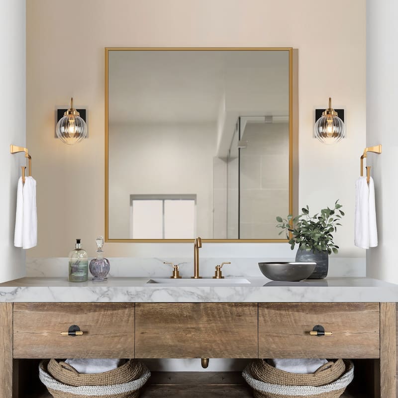 Modern Glam 1-Light Black Gold Wall Sconce Bathroom Vanity Lights with Clear Ribbed Glass Globe Shade - L 4.7" x W 7" x H 7.5"