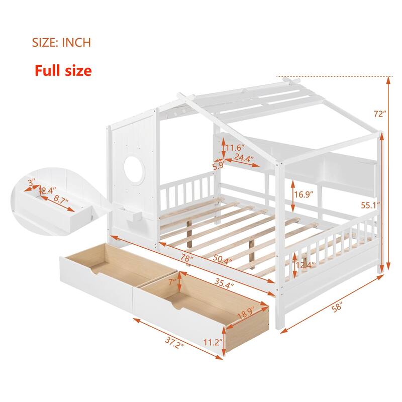 Wooden House Bed with 2 Drawers and Storage Shelf（FULL/TWIN）