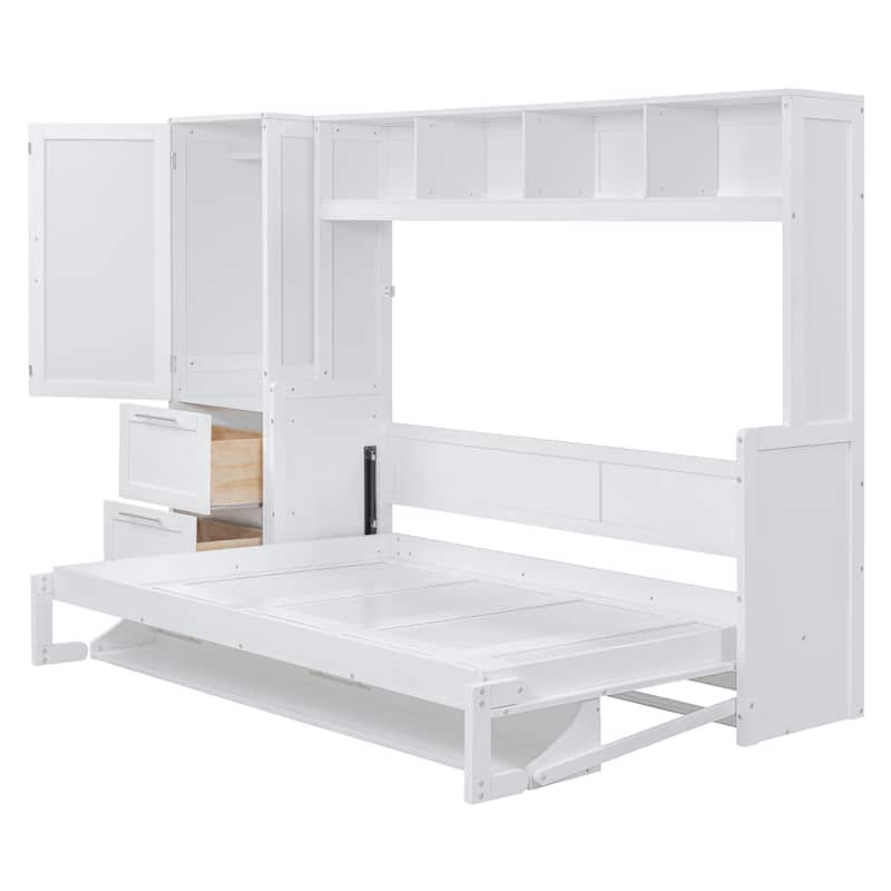 Queen Size Murphy Bed Wall Bed with Closet and Drawers,Gray