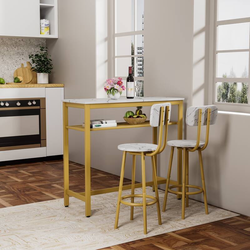 Dining Table Set with 2 Stools,3 Piece Counter Height for Kitchen, Living Room, Small Apartment Breakfast Table Faux Marble Top