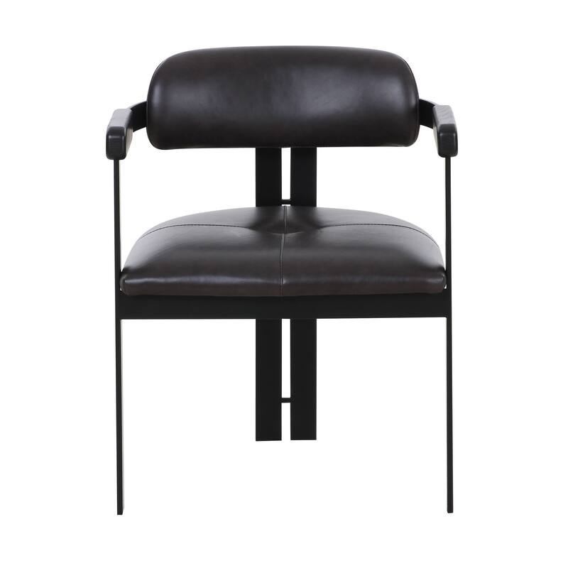 Anta Dining Chair, Black Iron Slats Back, Dark Brown Genuine Leather