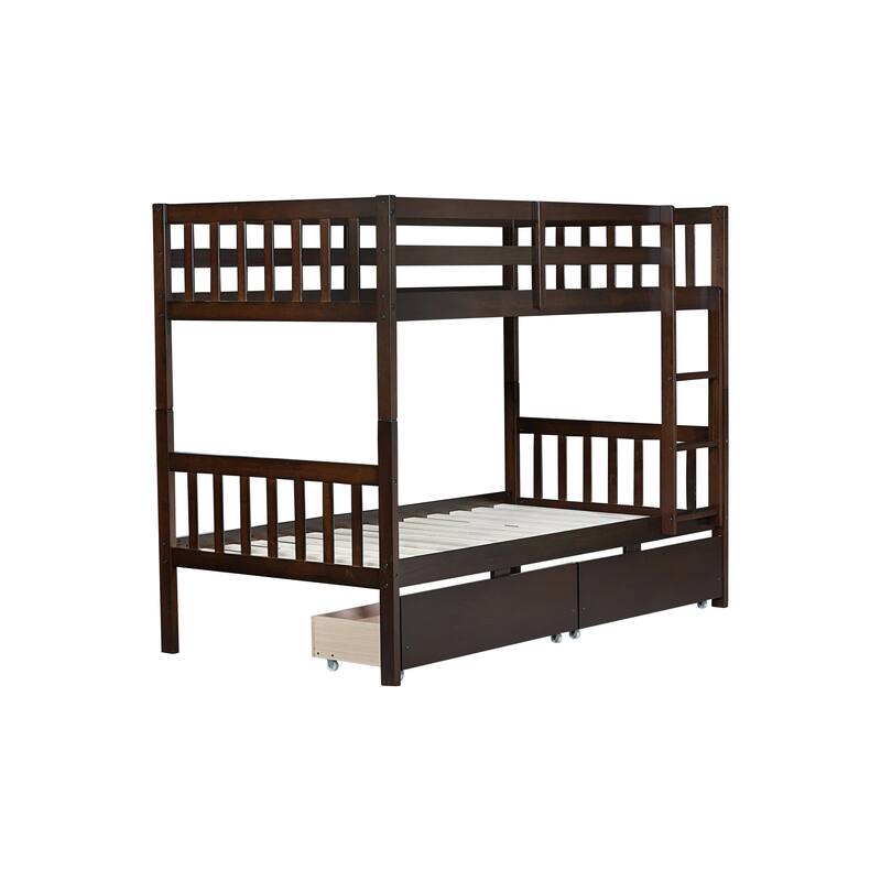 Convertible Twin Over Twin Bunk Bed with 2 Drawers, Ladder, and Safety Guardrails, Espresso Finish