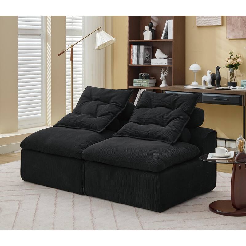 Corduroy Modular Sofa with Lumbar Pillow, 2 Seater Armless Upholstered Sofa Chair, Lounge Couch Chair for Small Spaces