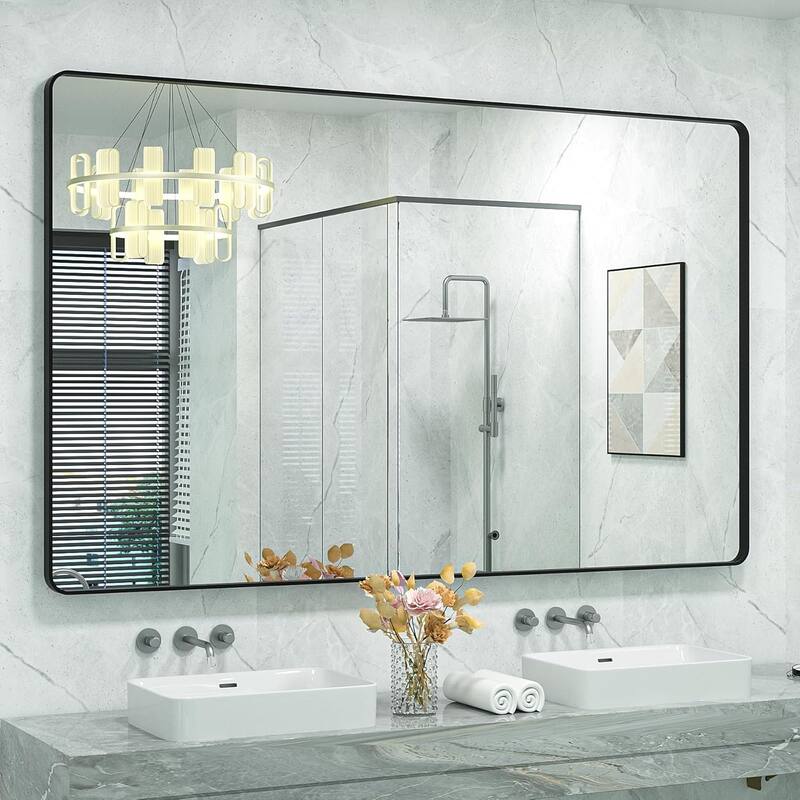 Aluminum Alloy Framed French Cleat Mounted Tempered Glass Wall Vanity Mirror - Black - 60" x 40"